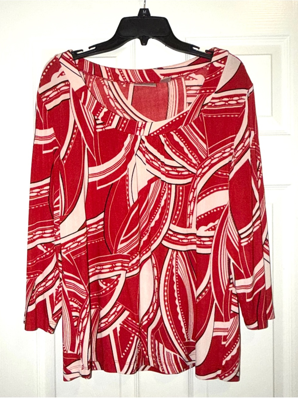 Women's Red & Cream Abstract Scoop Neck Blouse Chico’s Size 2